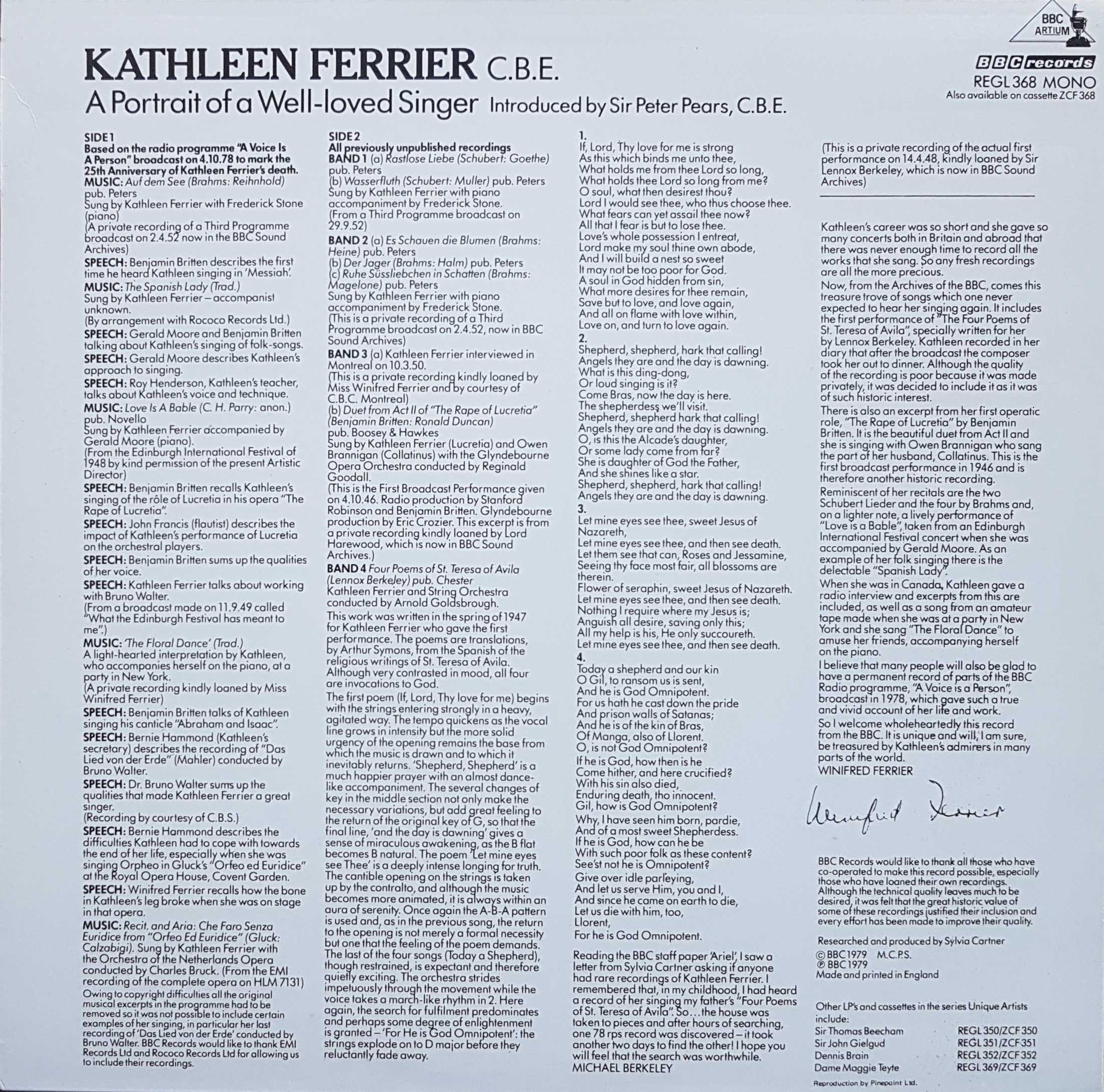 Picture of REGL 368 Kathleen Ferrier by artist Kathleen Ferrier from the BBC records and Tapes library
